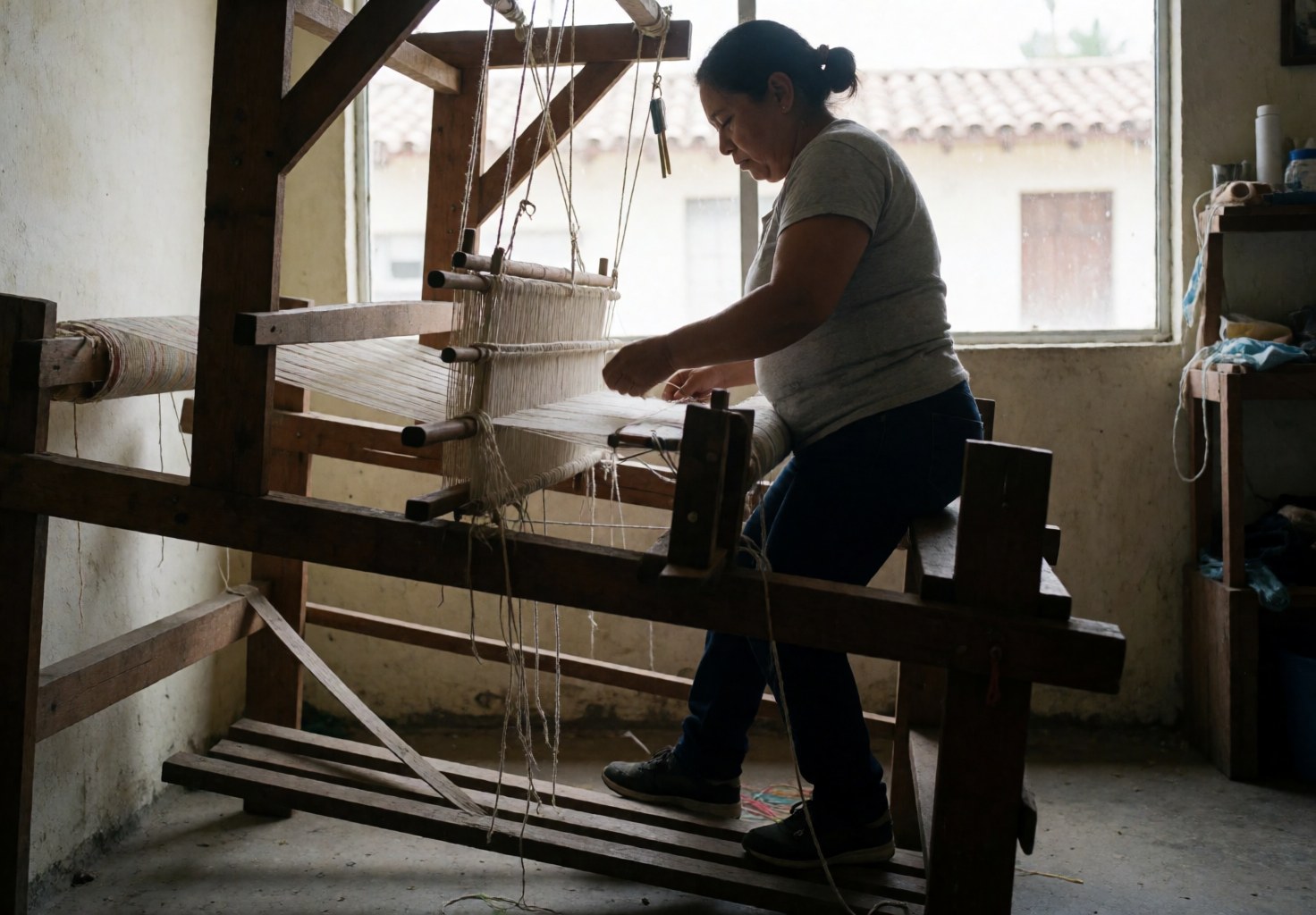 Une femme aux cheveux attachés travaille avec du fil sur un métier à tisser en bois dans un atelier.