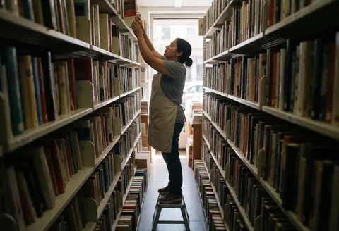 Une jeune femme avec un tablier organise des livres sur des étagères de librairie, utilisant une chaise en bois pour atteindre les étagères hautes.