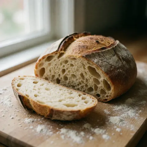 Miche de pain artisanal posée sur une planche en bois parsemée de farine, près d'une fenêtre.