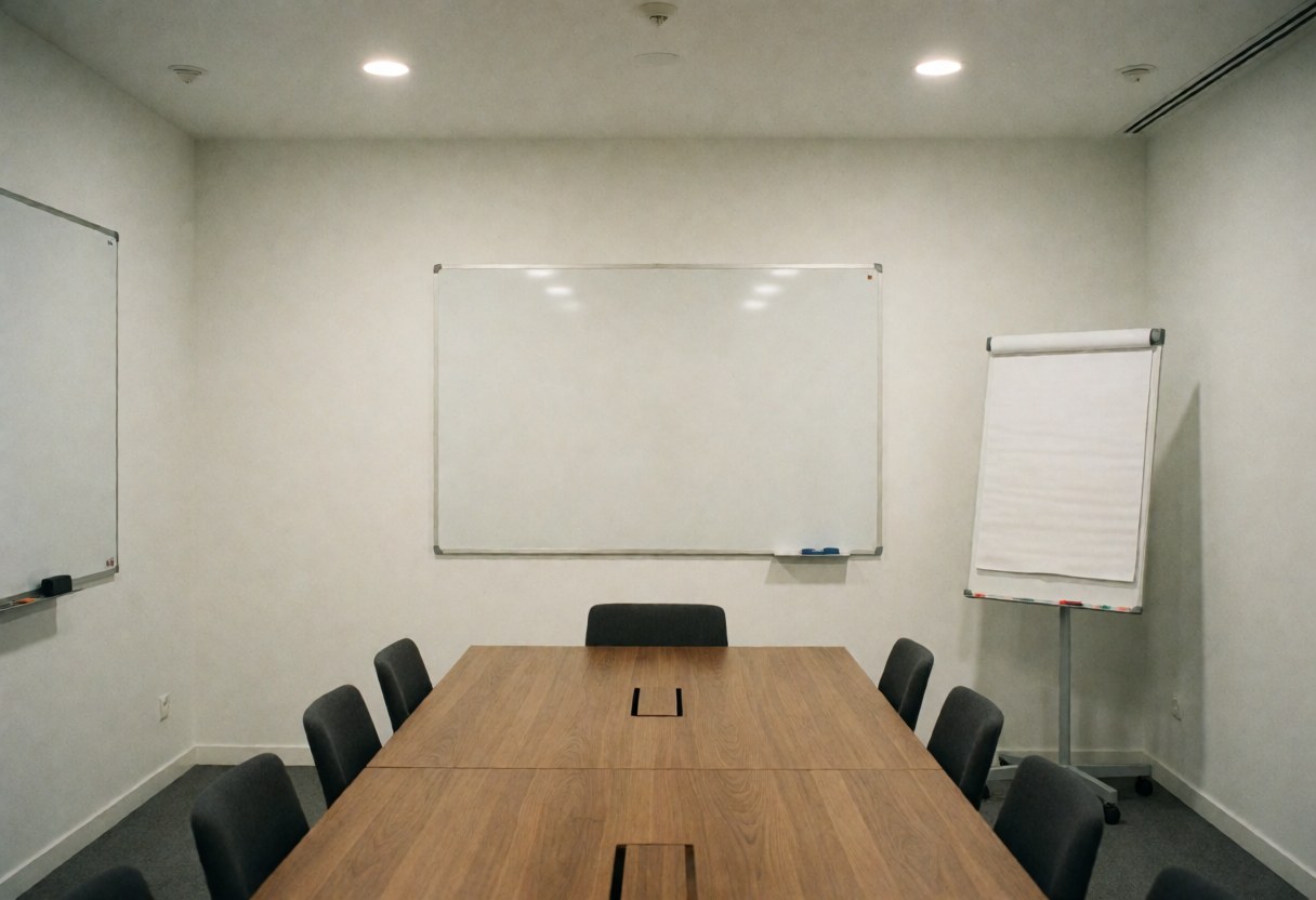 Salle de réunion moderne avec table en bois, chaises noires, tableaux blancs et murs blancs.