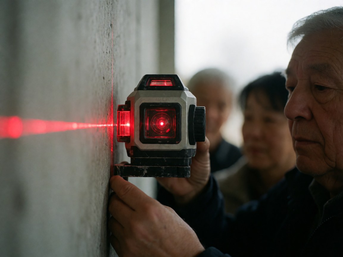 Un homme tient un niveau laser rouge qui marque un mur en béton, avec d'autres personnes en arrière-plan.