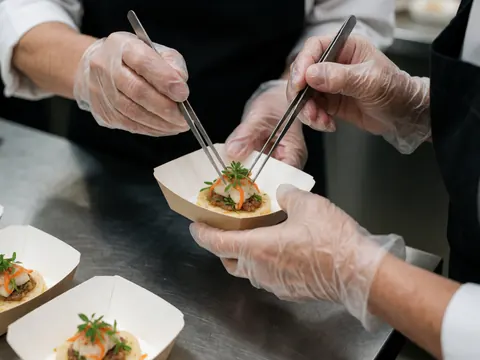 Des cuisiniers gantés disposent avec précision des ingrédients sur un plat gastronomique posé sur une table en acier inoxydable.