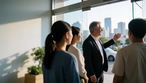 Un agent d'assurance dans un bâtiment moderne, montrant la ville par une grande fenêtre avec lumière du matin et des visiteurs autour.