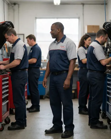 Équipe technique au travail dans un garage avec des outils et du matériel, créant une ambiance réaliste et professionnelle.