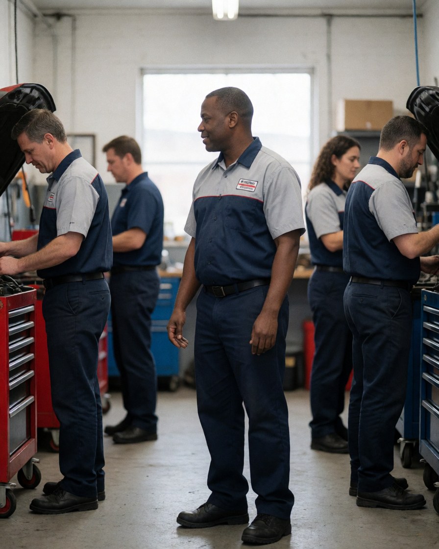Équipe technique au travail dans un garage avec des outils et du matériel, créant une ambiance réaliste et professionnelle.