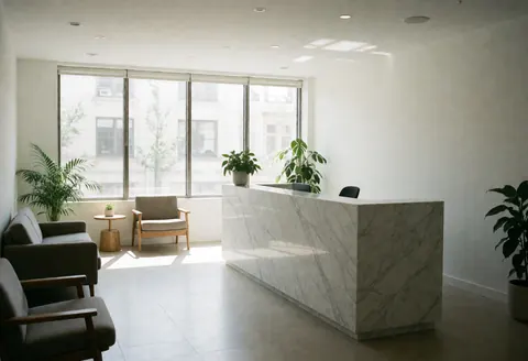 Réception de bureau moderne avec comptoir en marbre, chaises confortables et plantes vertes, éclairée par de grandes fenêtres, ambiance propre et accueillante.