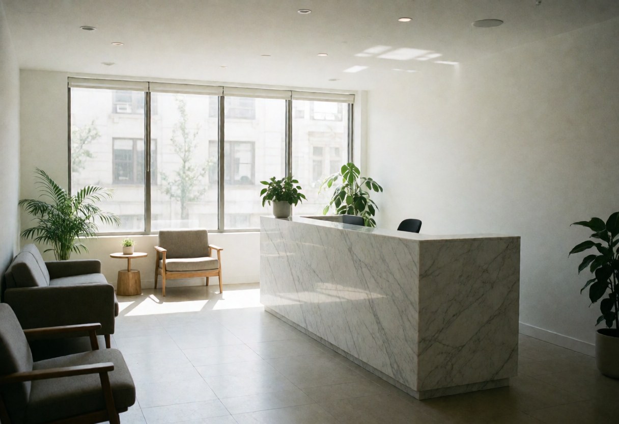 Réception de bureau moderne avec comptoir en marbre, chaises confortables et plantes vertes, éclairée par de grandes fenêtres, ambiance propre et accueillante.