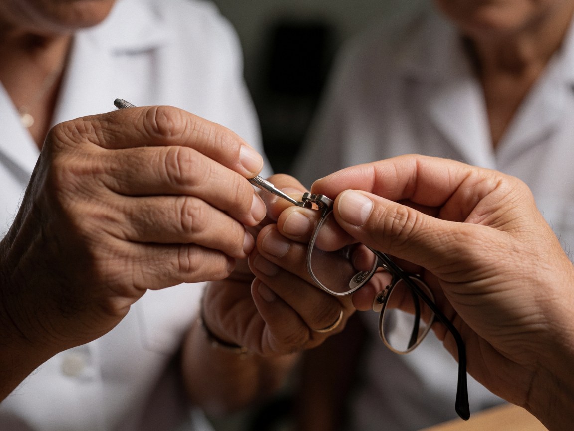 Main d'opticien ajustant avec précision le mécanisme de lunettes métalliques dans un environnement professionnel.