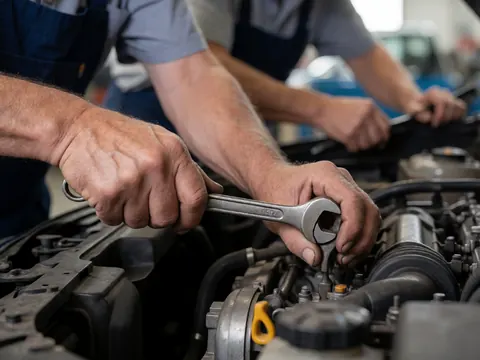 Mains d'un mécanicien travaillant sur un moteur de voiture avec une clé, détails métalliques et outils dans un atelier industriel.