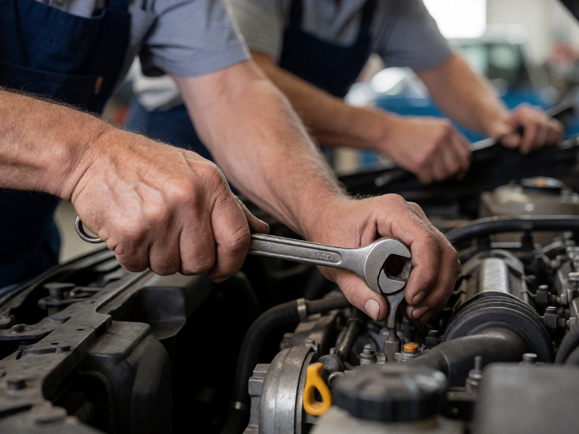 Mains d'un mécanicien travaillant sur un moteur de voiture avec une clé, détails métalliques et outils dans un atelier industriel.