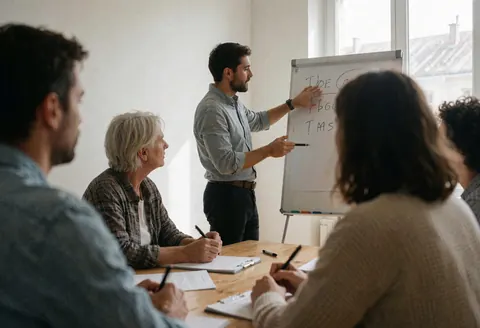 Un formateur explique des concepts sur un tableau blanc pendant qu'un client prend des notes lors d'une réunion professionnelle.