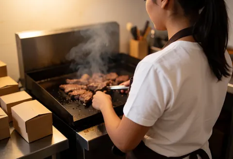 Une cuisinière prépare de la viande sur une grille à l'intérieur d'un camion alimentaire, avec de la fumée et des emballages prêts pour le service.