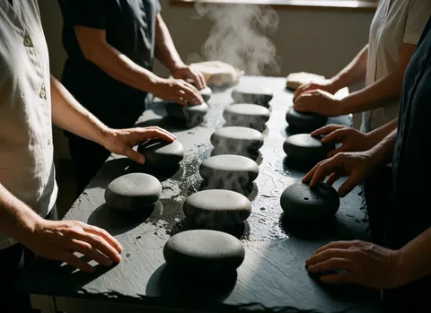 Des mains placent des pierres chaudes sur une table en pierre tandis que de la vapeur s'échappe, créant une atmosphère de spa apaisante.