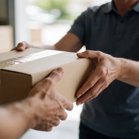 Une personne remet un carton à une autre lors d'une livraison logistique.