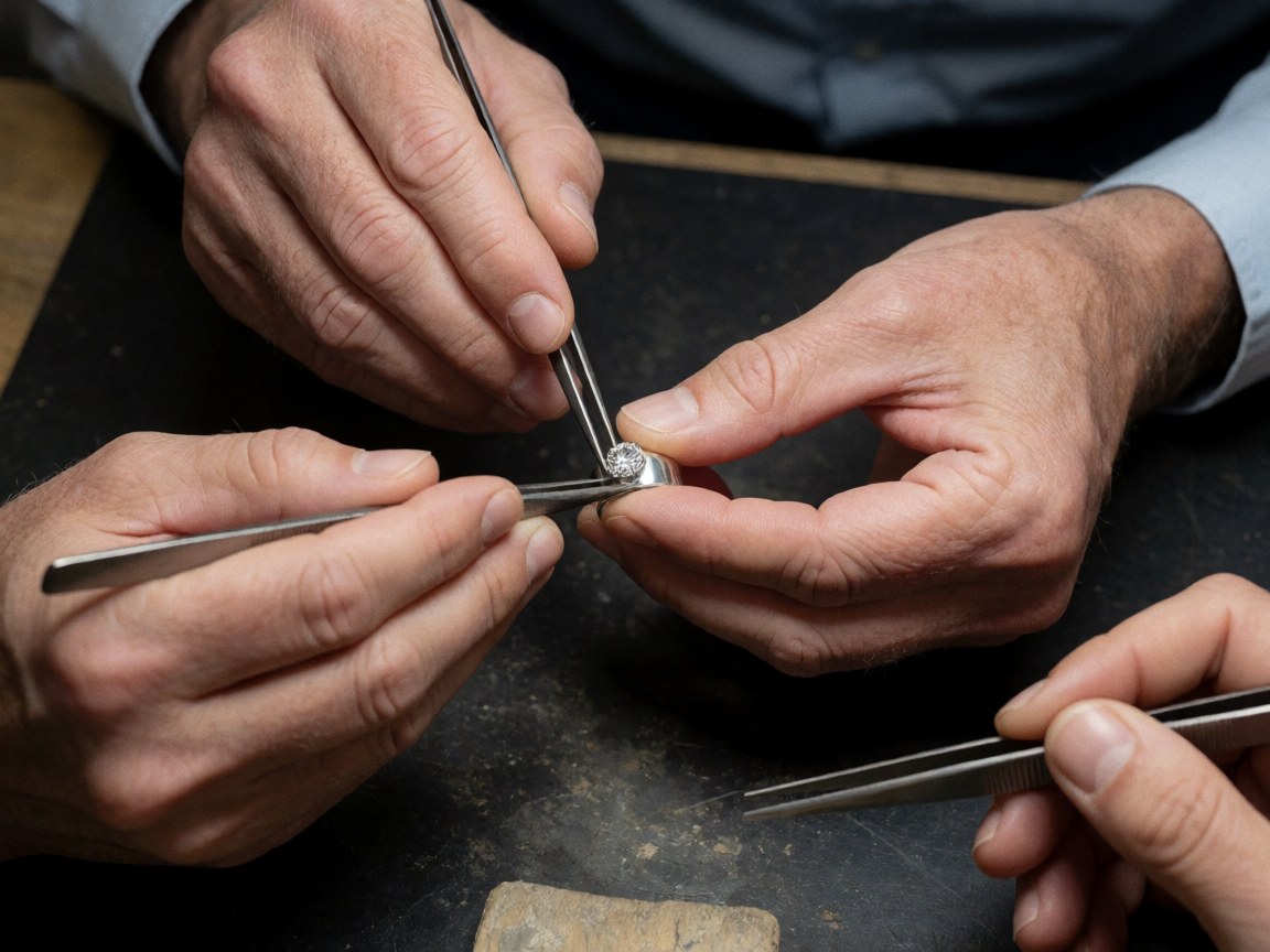 Trois paires de mains utilisant des pinces pour ajuster un diamant dans une bague en argent posée sur une surface sombre.
