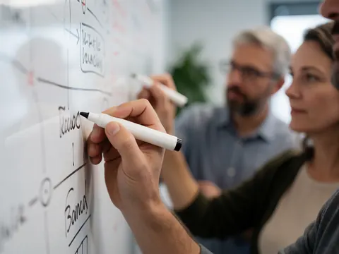 Une main écrit avec un marqueur sur un tableau blanc pendant que d'autres observent dans un espace de travail partagé.