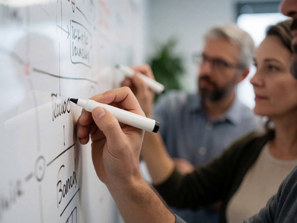 Une main écrit avec un marqueur sur un tableau blanc pendant que d'autres observent dans un espace de travail partagé.
