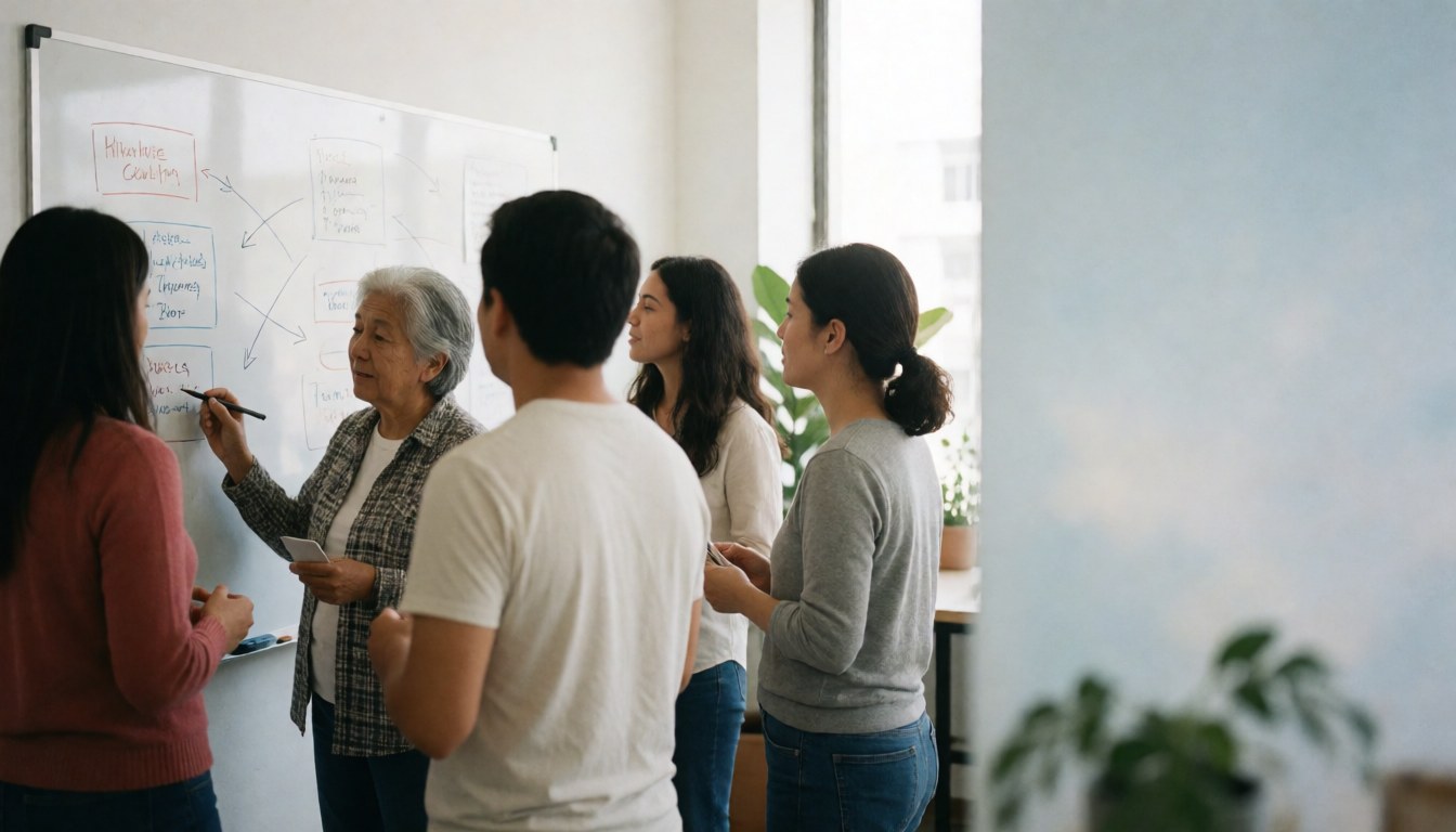 Un groupe de professionnels du marketing dans un bureau moderne travaillant ensemble autour d'un tableau blanc avec des diagrammes de stratégie.