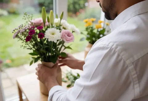 Un homme en chemise blanche ajuste des fleurs dans un vase en bois sur une table, avec un jardin en arrière-plan.