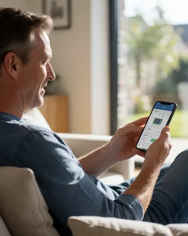 Un homme âgé vérifie une application d'énergie solaire sur son smartphone, assis confortablement sur un canapé dans son salon.