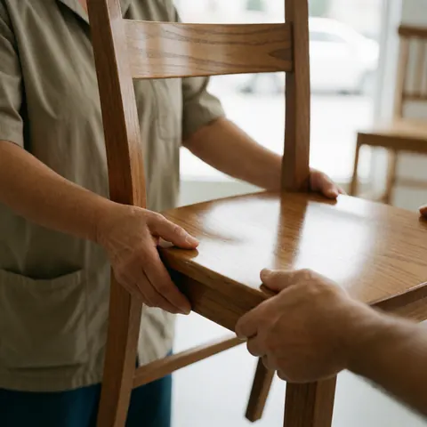 Deux personnes échangent une chaise en bois poli dans un intérieur baigné de lumière naturelle.
