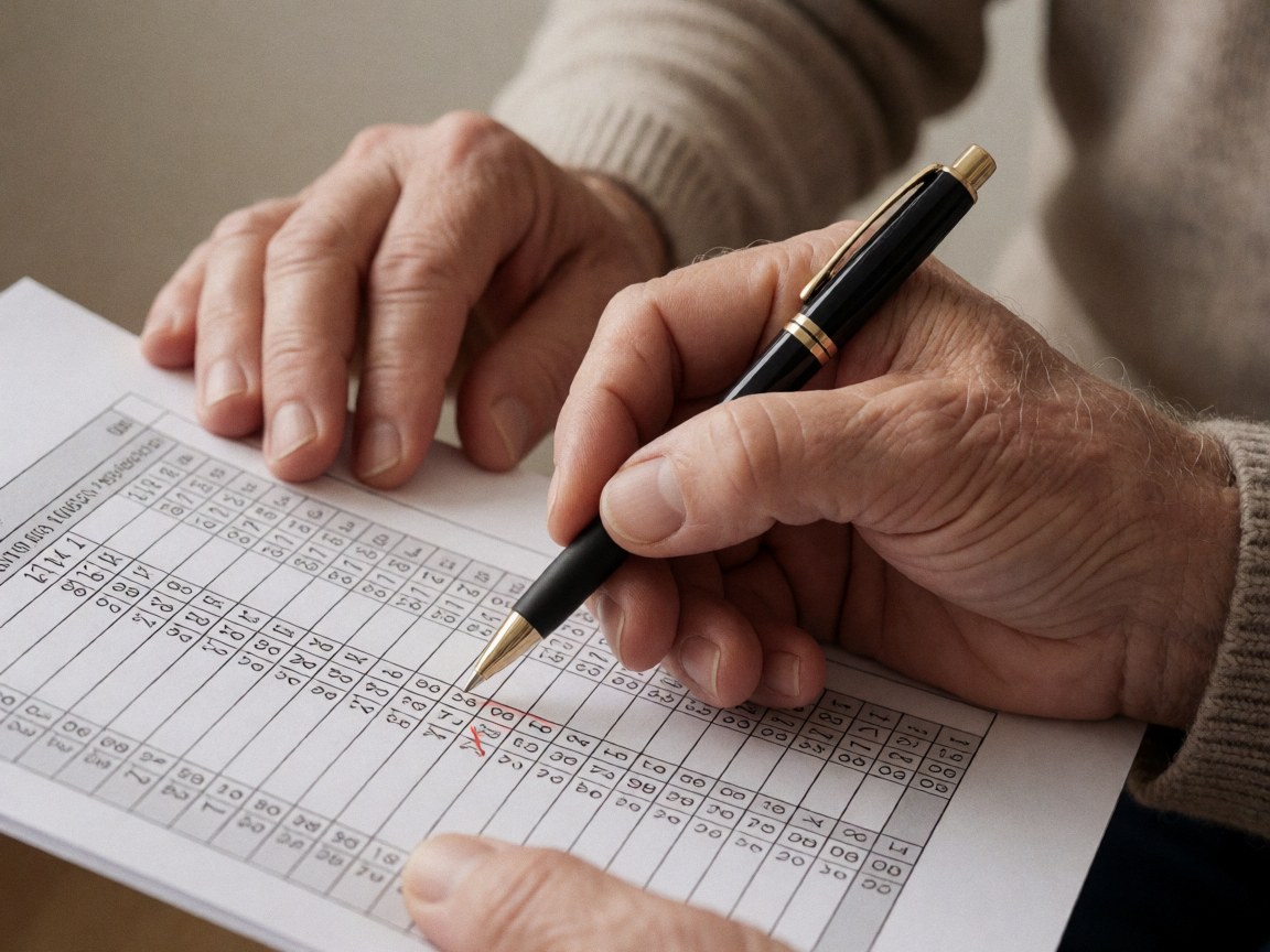 Gros plan d'une main tenant un stylo noir en train de remplir des cases numérotées sur un document papier administratif.