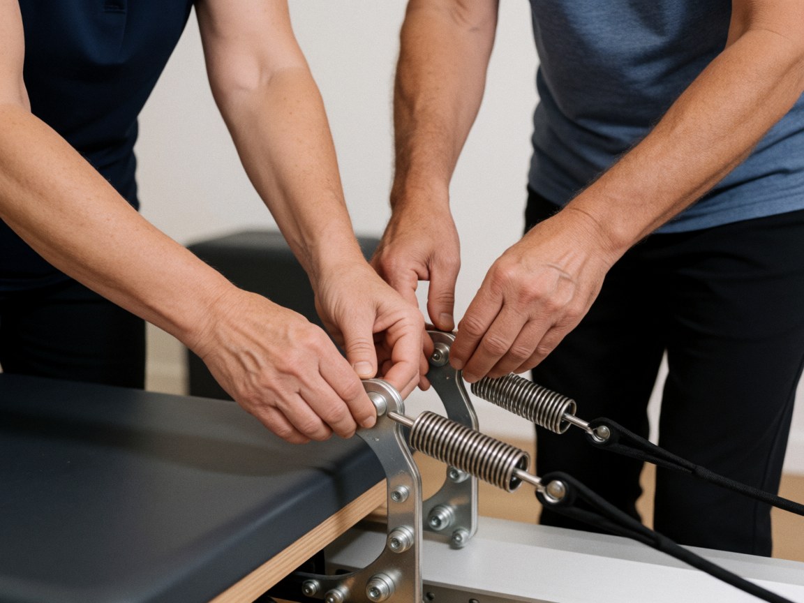 Deux personnes règlent les ressorts d'un équipement de pilates reformer dans un studio.