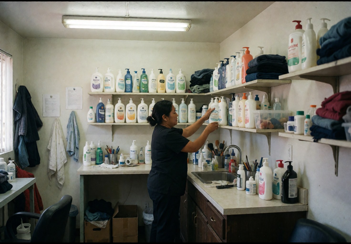 Une femme range des produits sur des étagères dans un salon de beauté, entourée de serviettes et de bouteilles de soins capillaires.