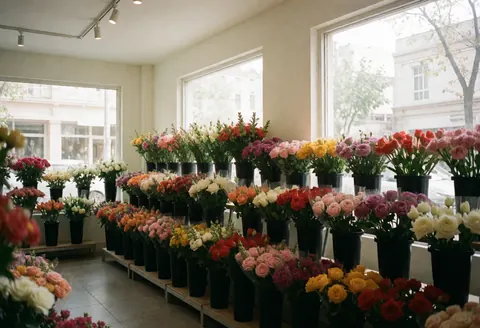 Vue intérieure d'une boutique de fleurs présentant de nombreuses plantes en pots noirs disposées sur des étagères près des fenêtres.