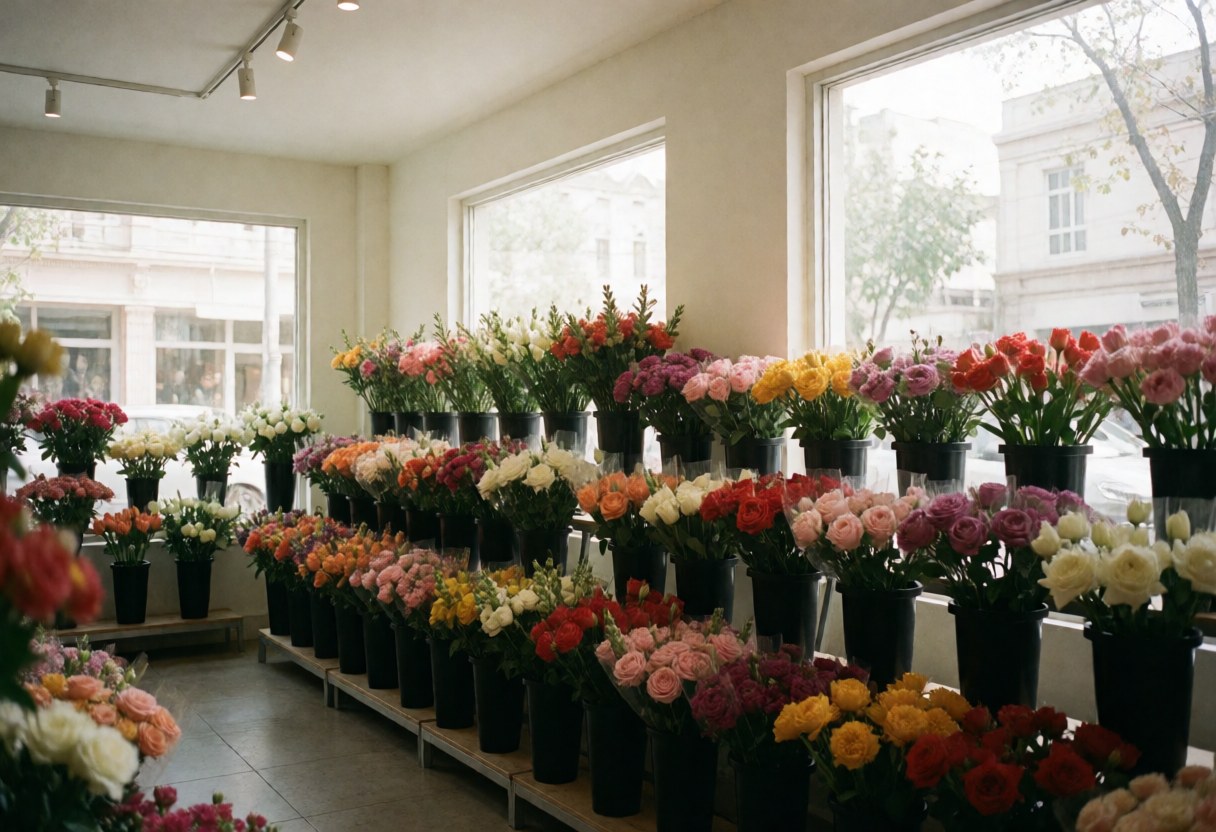 Vue intérieure d'une boutique de fleurs présentant de nombreuses plantes en pots noirs disposées sur des étagères près des fenêtres.