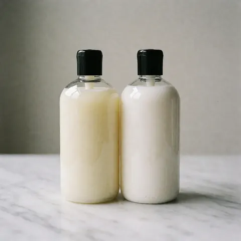 Deux bouteilles transparentes contenant du shampooing et de l'après-shampooing posées sur une surface en marbre blanc propre et minimaliste.