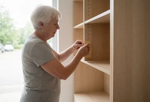 Une femme âgée assemble une étagère en bois dans une pièce baignée de lumière naturelle.
