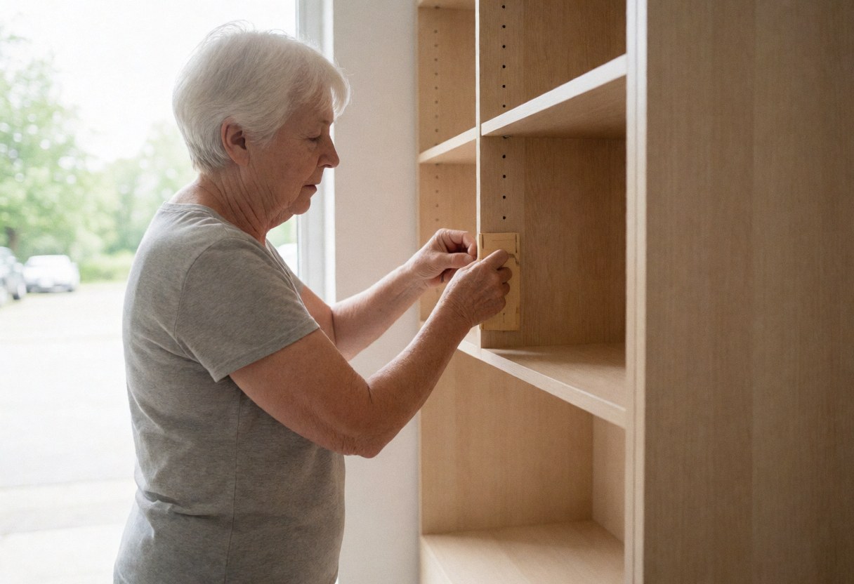 Une femme âgée assemble une étagère en bois dans une pièce baignée de lumière naturelle.