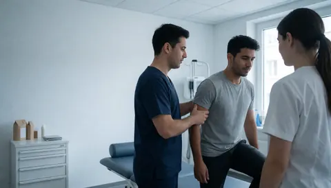 Un professionnel de la santé aide un patient à se relever dans une clinique moderne équipée de mobilier médical et baignée de lumière naturelle.