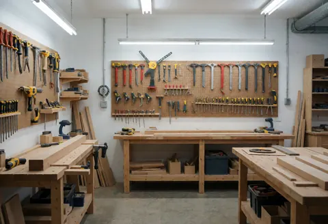 Atelier de menuiserie avec outils suspendus sur des panneaux, tables de travail en bois et lumière vive, idéal pour les projets professionnels.
