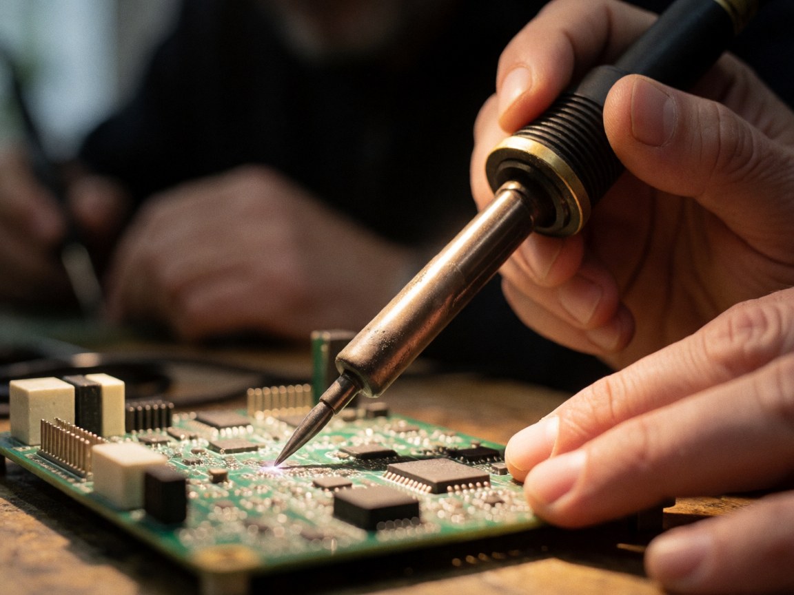 Gros plan d'une main réalisant avec précision une soudure sur un circuit électronique, éclairage chaleureux et fond flou pour illustrer la réparation technologique.