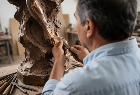 Un sculpteur en chemise bleuse utilise des outils pour façonner une sculpture en bronze au sein de son atelier d'art.