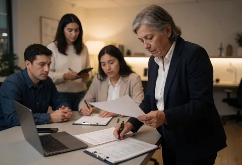 Une comptable vérifie des papiers sur un bureau pendant que trois collègues travaillent autour d'un ordinateur portable.