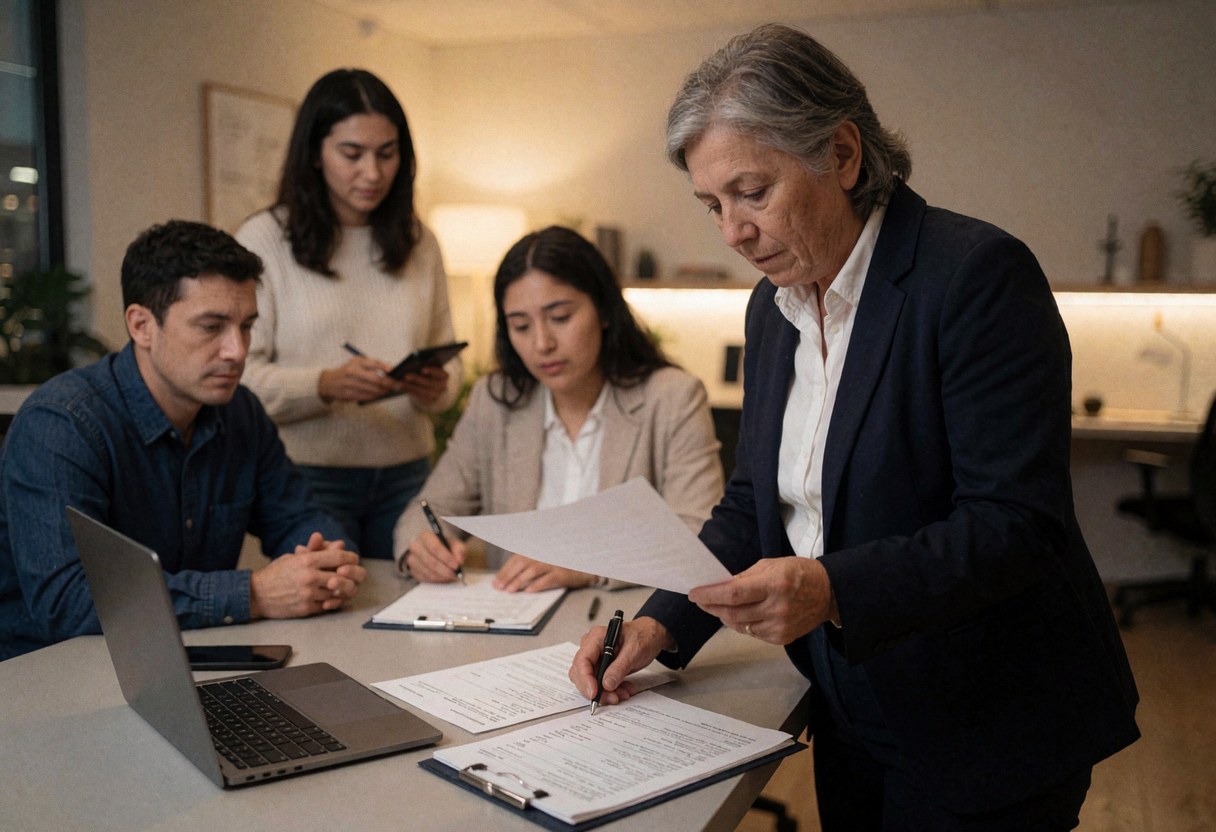 Une comptable vérifie des papiers sur un bureau pendant que trois collègues travaillent autour d'un ordinateur portable.