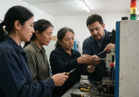 Un technicien montre à des opérateurs comment réparer une machine industrielle, avec des outils et des éclairages au plafond, dans un atelier réel.