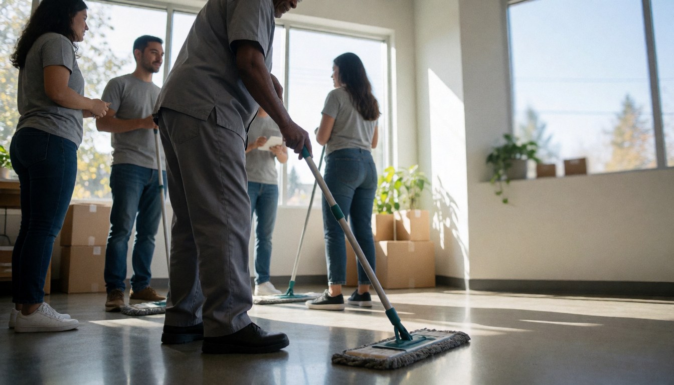 Personnel effectuant le nettoyage du sol avec des moppeurs près de cartons et de plantes en intérieur.