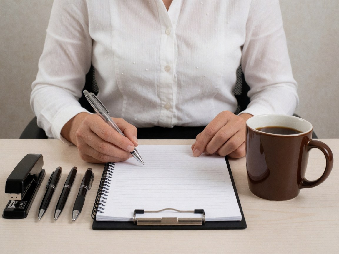 Vue rapprochée d'une personne rédigeant des notes dans un cahen sur un bureau moderne, accompagnée de stylos, d'une tasse de café et d'un porte-documents.