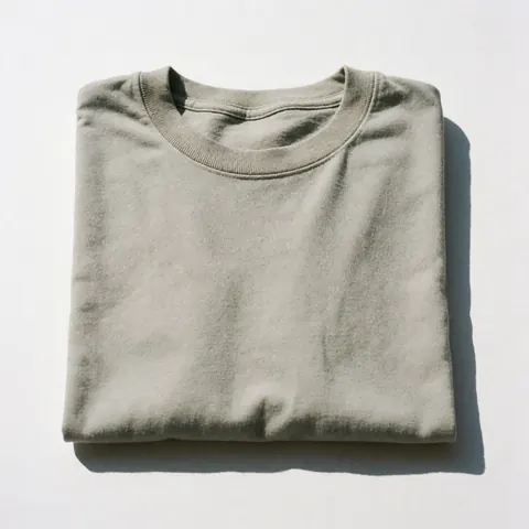 T-shirt en coton plié sur fond blanc avec texture visible et lumière naturelle, idéal pour les catalogues de vêtements.