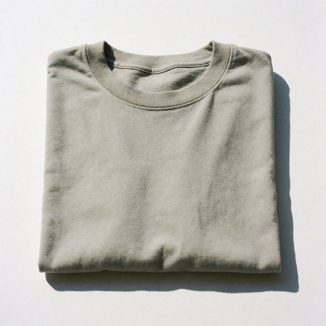 T-shirt en coton plié sur fond blanc avec texture visible et lumière naturelle, idéal pour les catalogues de vêtements.