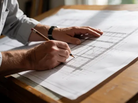 Un homme dessine avec un crayon sur des plans d'architecture posés sur une table en bois.