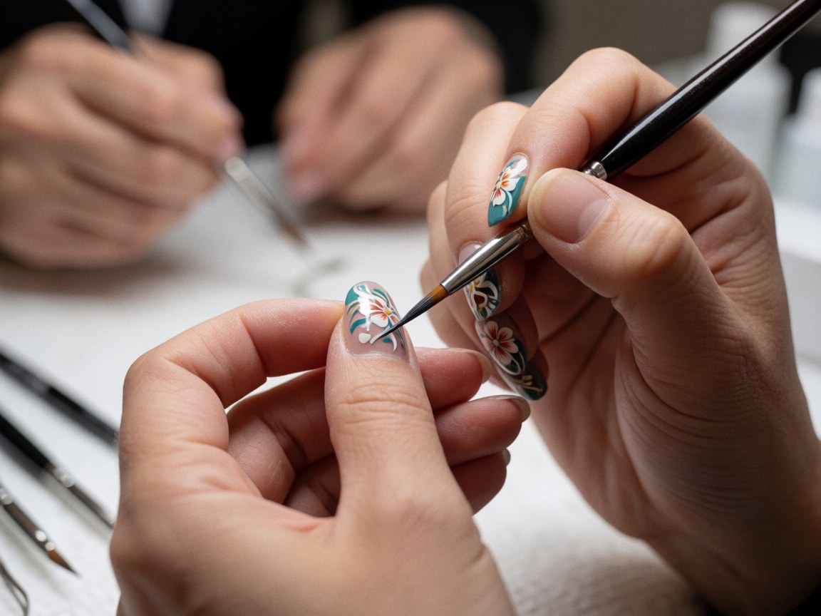 Gros plan d'une manucure professionnelle montrant un design floral complexe réalisé au pinceau avec de la peinture sur des ongles soignés.
