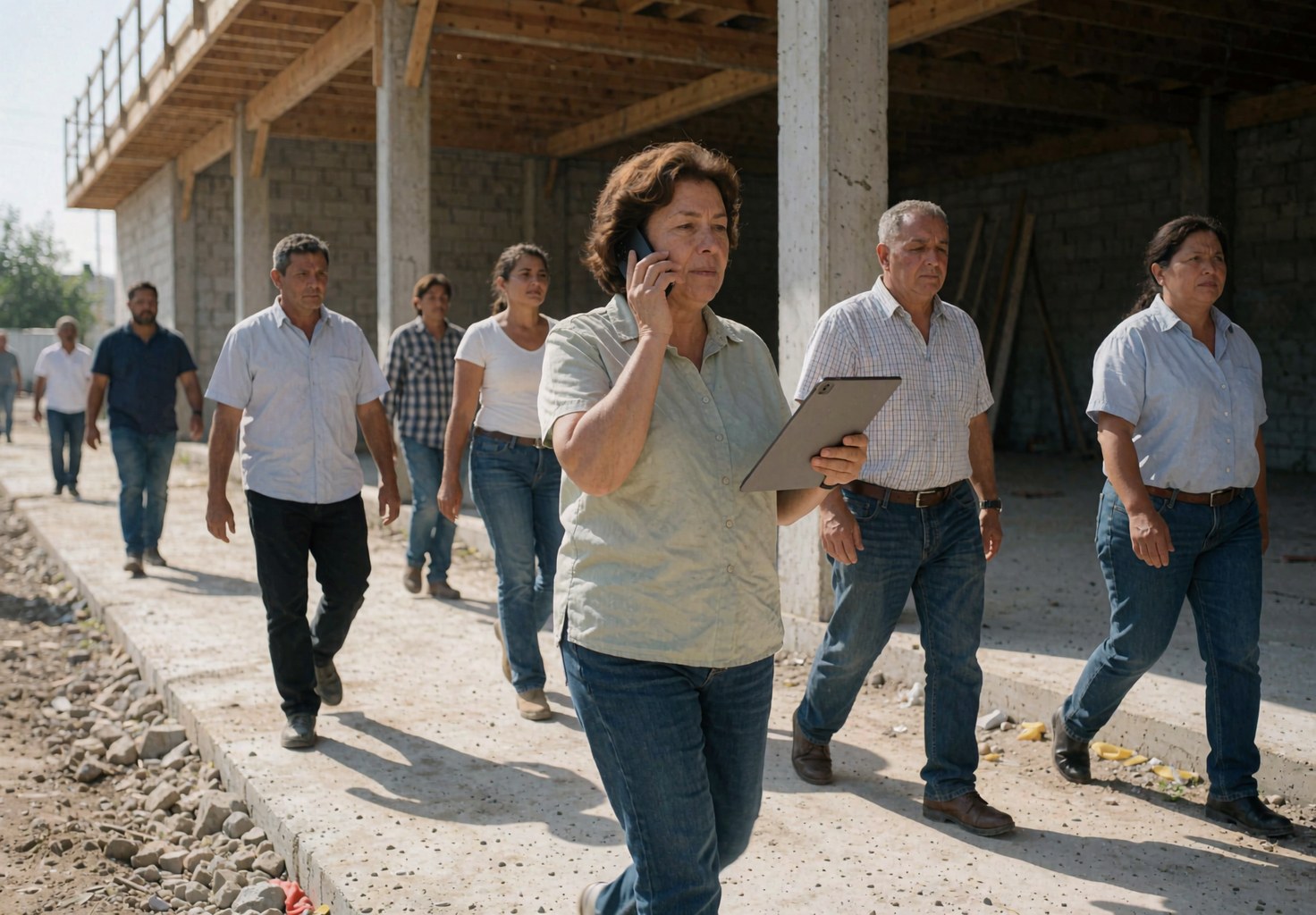 Une femme dirige un groupe de travailleurs sur un chantier en utilisant une tablette et un téléphone portable.