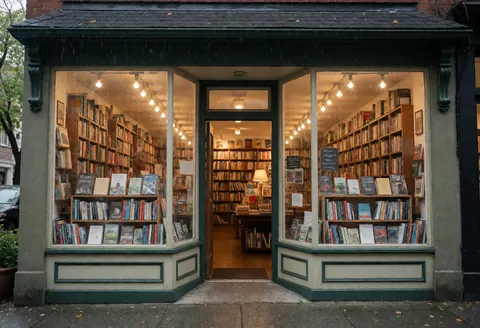 Façade d'une librairie avec de grandes vitrines remplies de livres, des lumières chaudes et une ambiance chaleureuse par temps pluvieux.