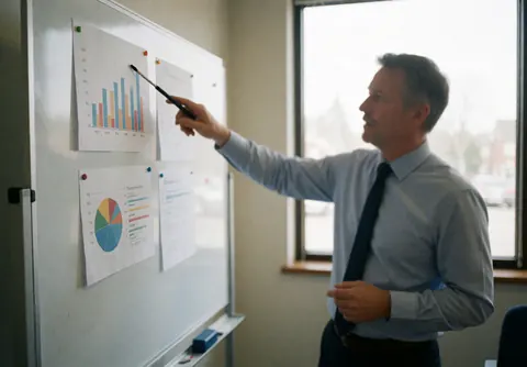 Un homme en chemise et cravate pointe des graphiques sur un tableau blanc avec des pinces dans un bureau lumineux.
