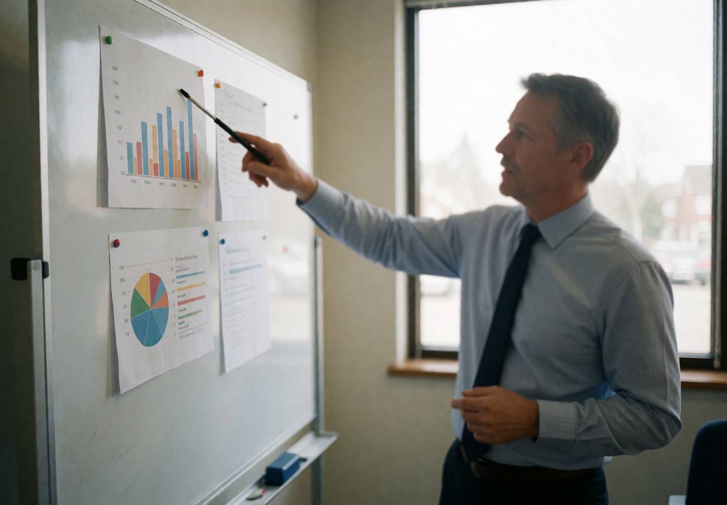 Un homme en chemise et cravate pointe des graphiques sur un tableau blanc avec des pinces dans un bureau lumineux.